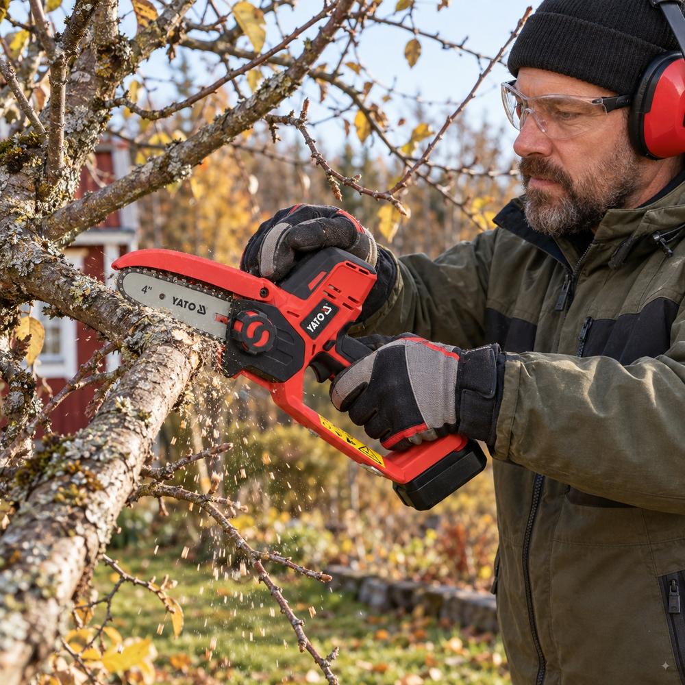 Yato akkuoksasaha 10 cm runko AI Kuvituskuva – omenapuun oksan sahaus