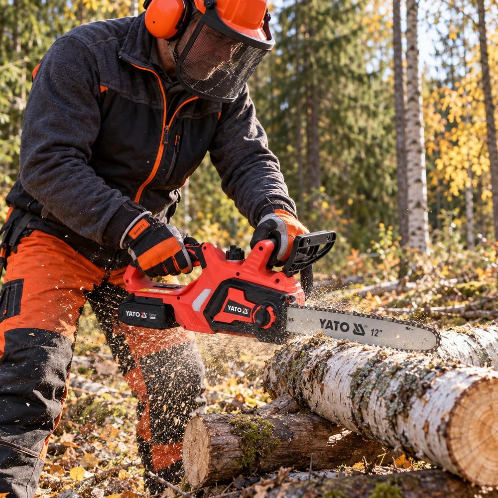 Yato akkumoottorisaha 18V 4 Ah AI Kuvituskuva – kaatuneen koivun katkaisu metsässä