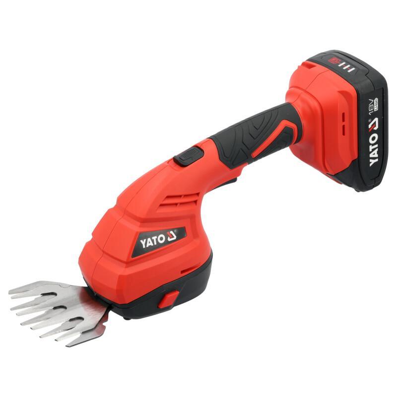 Yato pensassakset 1300 rpm 2 Ah, kokonaiskuva ruohoterällä ja akulla