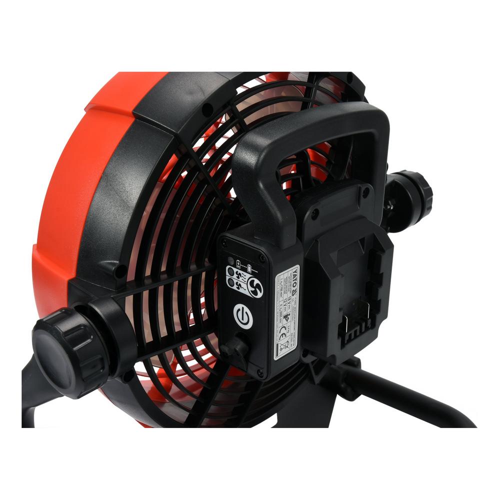 Yato akkutuuletin 18V / 240V 230 mm lähikuva kahva ja akkuliitäntä
