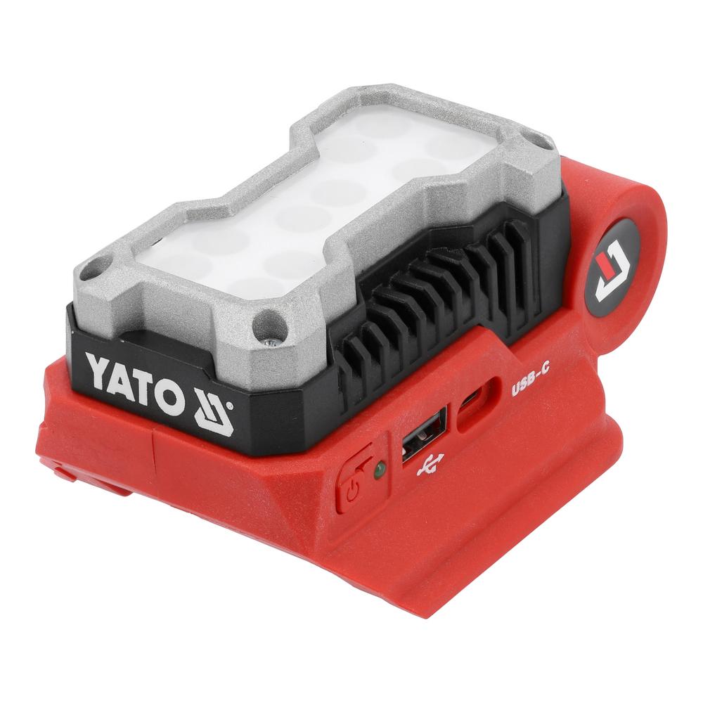 Yato Akkutyövalaisin 18V 500LM 5W edestä, USB-liitännät