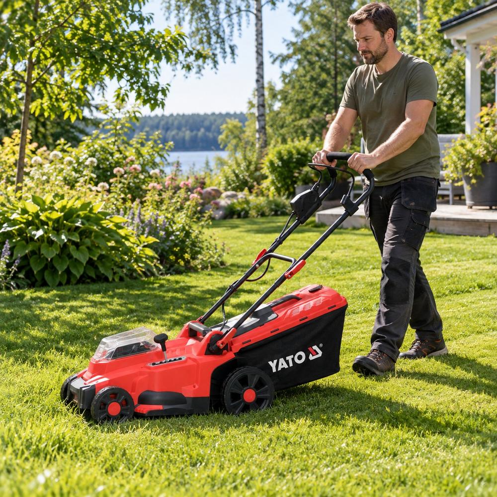 Yato akkuruohonleikkuri 37 cm runko käytössä nurmikolla, AI Kuvituskuva